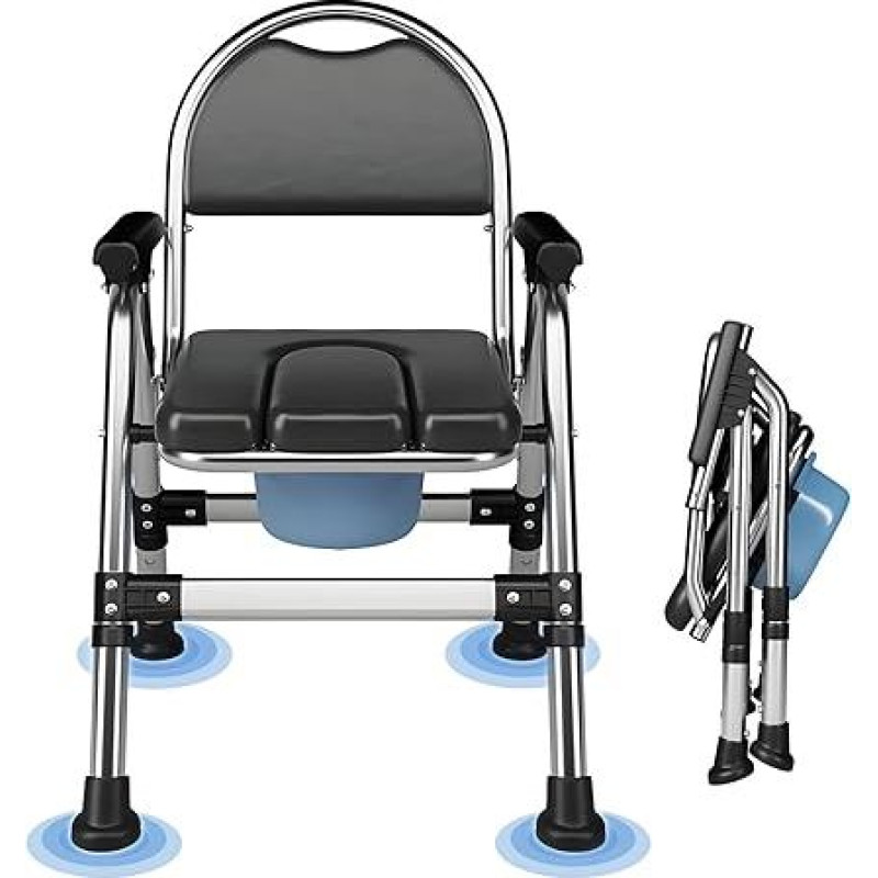 TY-0312 sulankstomos tualeto kėdės senjorams, reguliuojamo aukščio tualeto kėdė, 200 kg keliamoji galia, 50 cm pločio, nerūdijančio plieno, mobili dušo kėdė su popieriaus laikikliu, minkšta sėdynė
