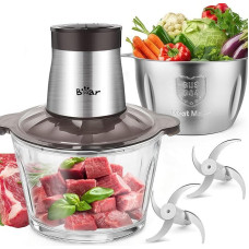 Bear 2 l + 1,8 l elektrinis mini smulkintuvas 600 W 2 greičių lygių smulkintuvas su 4 nerūdijančio plieno ašmenimis ir mėsmale, stiklinis smulkintuvas mėsai, kūdikių maistui, vaisiams, daržovėms