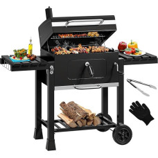 YITAHOME XXL Charcoal BBQ Smoker Grill Trolley with Deluxe Cast Iron Grate & Enamel Carbon Pan, Thermometer, Stand Grill for Party, Camping, Garden, Includes Kitchen Tongs and Glove
