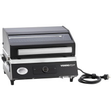RÖSLE BBQ-Portable Videro E2-P elektrinis grilis, nešiojamas stalinis grilis su 2 degikliais, šildymo lentyna ir dangčiu su stiklo įdėklu, milteliniu būdu dengtas plienas, juodas/ sidabrinis
