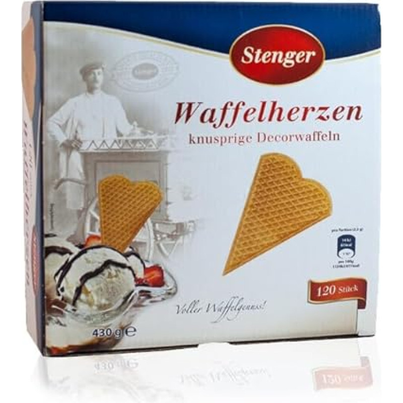 Ledų kūgeliai, širdelės formos vaflis, 120 vienetų, širdelės formos vafliai ledams, Stenger ledų kūgeliai širdelės formos ledų suneštiniams patiekalams, didelė pakuotė ledų kavinėms ir maitinimo įstaigoms