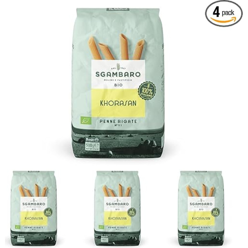 Sgambaro Organic Pasta Penne Rigate N.91-500 g from Khorasan - Wheat - Ancient Protein Rich Wheat, 100% Italian Cultivation - Versatile in the Kitchen and Nutrient Rich (Pack of 4)