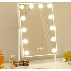 FENCHILIN Holivudo makiažo veidrodis su apšvietimu 12 pritemdomų LED lempučių 360° kampu pasukamas kosmetinis veidrodis su 3 šviesų spalvomis 10x didinimas Jutiklinis valdymas Baltas 30 x 41 cm