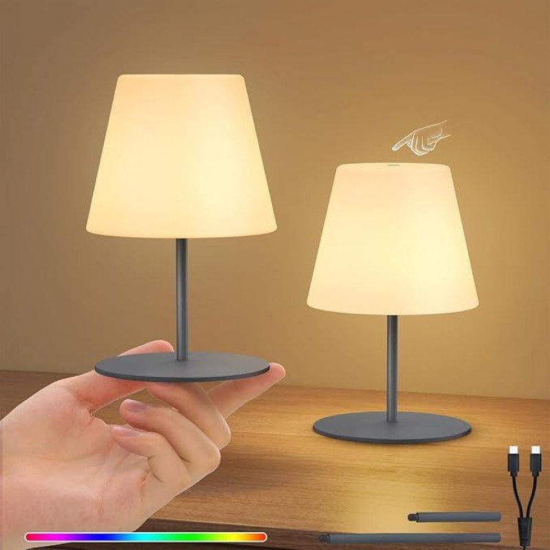 2 stalinių lempų pakuotė, belaidis LED akumuliatorius, naktinė lempa, mini, maža, 8 spalvos, USB-C įkraunama stalinė lempa, lauko, vidaus - IP44, atspari atmosferos poveikiui, 8-10 val. baterijos veikimo laikas, 9 x 9 x 17 cm, aukštis