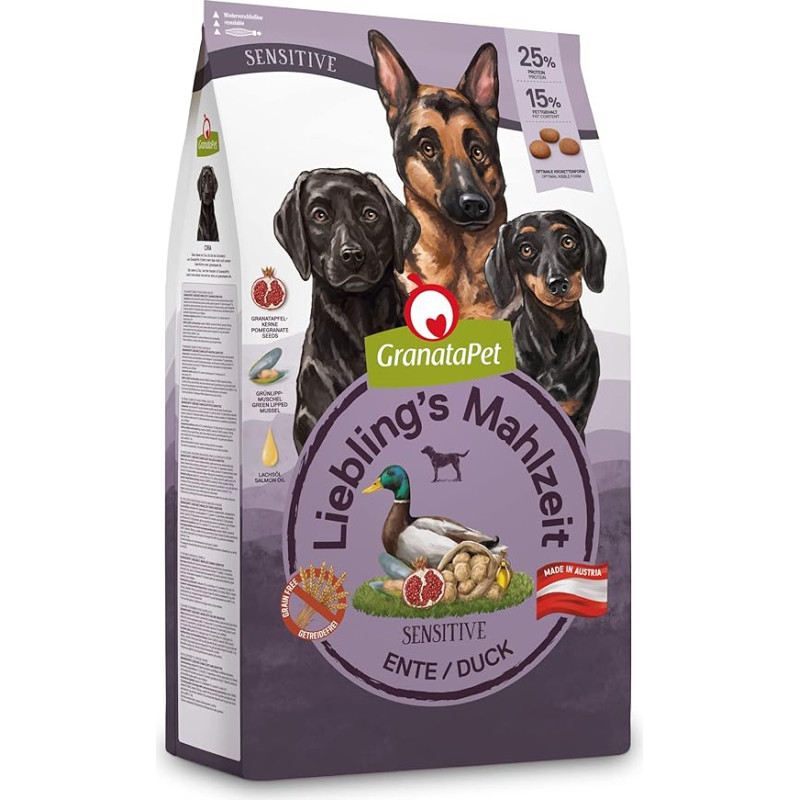 GranataPet Liebling's Mahlzeit Duck Sensitive, 1,8 kg, sausas maistas šunims, maistas šunims be grūdų ir cukraus priedų, visavertis maistas