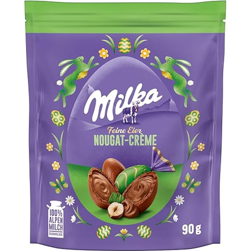 Milka Fine Eggs Nougat Créme 1 x 90 g I Velykų šokolado pakuotė I Velykų lizdui ir slėptuvei I Saldumynai Velykoms Pagaminta iš 100 % Alpių pieno šokolado
