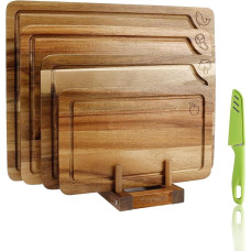 4 medinių pjaustymo lentelių rinkinys, medinės pjaustymo lentelės su maisto simboliais virtuvėje, mėsos, daržovių, vaisių, sūrio pjaustymo lentelės