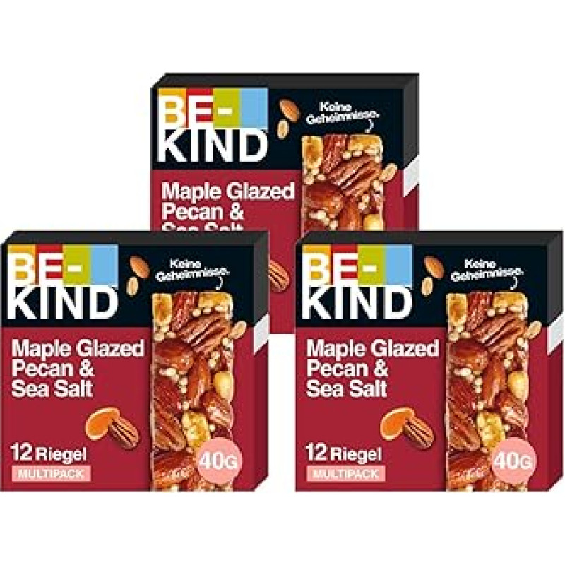 BE-KIND Maple Glazed Pecan & SeaSalt 3 x 12 x 40 g I Vertės pakuotė I 36 batonėliai I 1440 g I Riešutų batonėlis I Pekano riešutai, migdolai, žemės riešutai