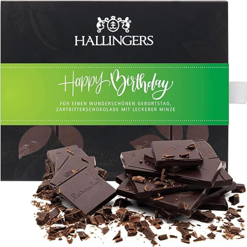 Hallingers Genuss Manufaktur Šokolado dovana - batonėlis Vegan Chocolate Dark Cocoa Mint - rankų darbo be alkoholio, elegantiška dovanų pakuotė 