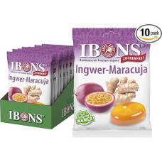 IBONS Ginger Passion Fruit Sweets Sugar Free - Sugar Free Lozenges - With Real Fresh Ginger - Vegan & Gluten Free & Halal - 10 x 75g