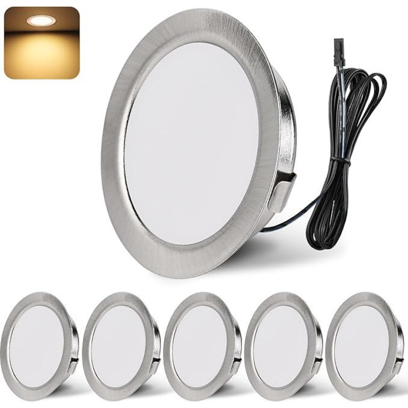 12 V 3000 K šiltos baltos spalvos LED Spot 3 W įleidžiami taškiniai šviestuvai 55-58 mm skylės dydžio įleidžiami šviestuvai, skirti karavanams Virtuvės spinta Aliuminio nikelis 6 vnt.