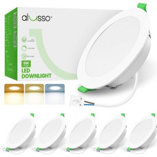 ALUSSO LED Downlights lubų šviestuvai Dimmable 6W 600LM IP65 įleidžiami lubų žibintai, 3CCT 3000K Warm 4000K Neutral 6500K Cool Reguliuojami vonios kambario prožektoriai, balti, 6 pakuotės