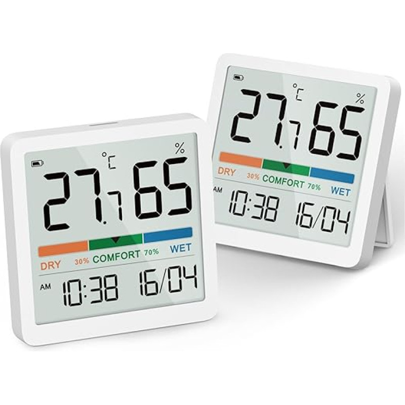 NOKLEAD Skaitmeninis termometras Higrometras Vidinis termometras Hygro Mini kambario termometras Temperatūros jutiklis Drėgmės matuoklis su patogiu ekranu ℃/℉ Perjungiamas, data 12/24 valandų Laikrodžio kalibravimas, 2 vnt.
