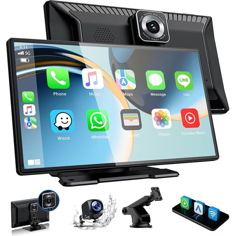 Volam 9-Zoll CarPlay Display mit 2,5K-Dashcam,1080p-Rückfahrkamera CarPlay&Android Auto Bildschirm,MirrorLink, Navigation,Sprachassistent,Loop-Aufnahme,G-Sensor,64 GB TF Karte,Blue-tooth