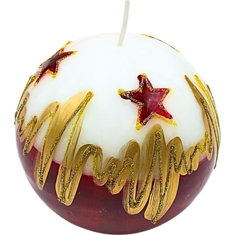 Elegantiška rutulinė žvakė, stalo žvakė, dekoratyvinė žvakė, vaškinė žvakė su kalėdiniu motyvu, kalėdinė žvakė kaip rutulys, 10 cm kalėdinė žvaigždė, baltos, raudonos ir auksinės spalvos.
