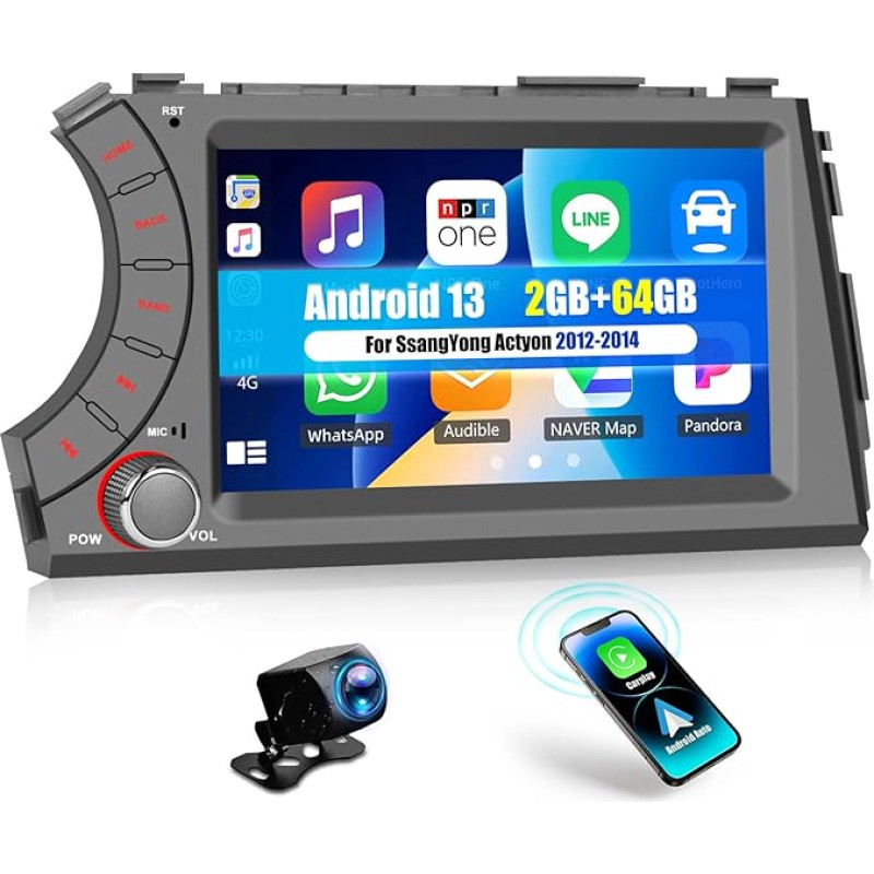 OiLiehu 2G + 64G Android 13 Dvigubas DIN radijo imtuvas SsangYong Actyon 2012-2014 Carplay Android automobilinis radijas su ekranu 7 colių automobilinis radijas su Mirror Link/EQ/Bluetooth/SWC/FM RDS/WiFi/GPS/ galinio vaizdo kamera