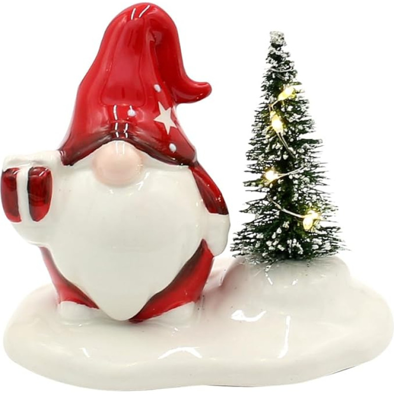 Dekohelden24 Nykštukas - Nykštukas baltas - raudonas su dovana ir eglute, D/W/H 11 x 7,5 x 9,5 cm