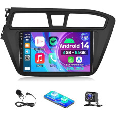 Dvigubas DIN automobilinis radijas 4+64G Hyundai i20 2015 2016 2017 2018 su Carplay Android automobilis 9 colių jutiklinis ekranas GPS Bluetooth WiFi FM RDS Mirror Link Split Screen SWC atbulinės eigos kamera Mikrofonas