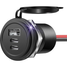 Aliumininis USB C lizdas 12 V Motorhome Automobilis 68 W Įrengimo lizdas 12 V, 2 x USB-C ir USB-A, skirtas valčiai, karavanui, kemperiui, sunkvežimiui (pakuotė po 1)