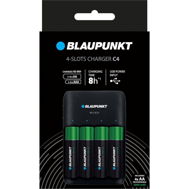 Blaupunkt Standard Charger for 1-4 NI-MH Batteries, 8-10 Hours Charging Time, Includes 4 AA Blaupunkt Batteries