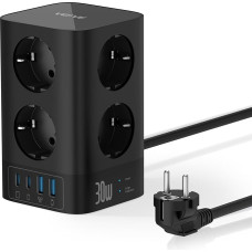 VEFVE kelių lizdų lizdas su USB C 30 W greituoju įkrovimu, 8 lizdų bokštas su 4 USB, maitinimo blokas su jungikliu ir apsauga nuo viršįtampių, 3 m kabelis, 4000 W 16 A, skirtas biurui, namams, žaidimams