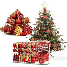 Avilia 106-teiliges Weihnachtsbaum-Dekorationsset in Rot und Gold mit bruchsicheren Kugeln, Blumen und Sternen für passende Weihnachtsdekorationen, einfach aufzuhängen und wiederzuverwenden
