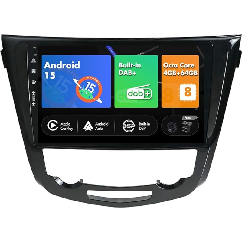 SXAUTO Integruotas DAB Android 15 IPS automobilinis radijas Nissan X-Trail Qashqai J11 Rouge (2014-2018) - Integruotas Carplay/Android Car - Kamera + MIC - 4G + 64G - 360-CAM SWC Fast-Boot WiFi - 2 DIN 10,1 colių