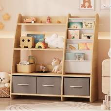 NACHES Montessori Children's Bookcase 91 x 38 x 92 cm with 4 Shelves, 2 Open Compartments and 3 Storage Boxes, Made of Wood, for Children's Room (Natural)