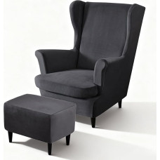 3 dalių aksomo Wingback kėdė mesti su kojų dangčiu (be kėdės), Stretch Velvet fotelio dangtis, elastingas apsauginis dangtelis Kėdės dangtis Aukštas atlošas foteliui, skalbiamas (tamsiai pilka)