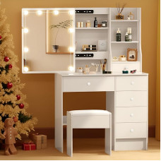 Tualetinis staliukas su LED apšvietimu ir taburetės komplektu, 3 spalvų šviesos, baltas kosmetinis staliukas su 6 stalčiais ir 6 skyriais (80 x 36 x 130 cm), makiažo staliukas miegamajame