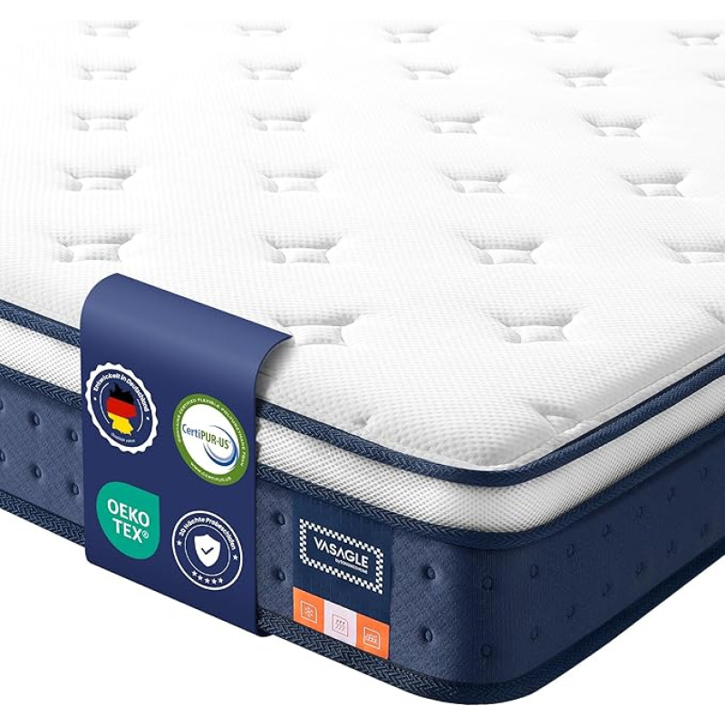 VASAGLE 90 x 200 x 20 cm vidutinio kietumo gelinių atminties putų čiužinys su kišeninėmis spyruoklėmis, H3, 7 zonų palaikymas, judesių izoliacija, orui laidus užvalkalas, mėlynas RMZ212QZ02