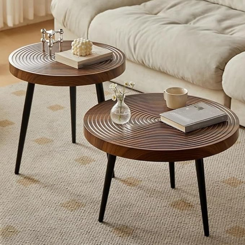 Apvalus kavos staliukų rinkinys sofai, miegamajam, biurui, su paklode Nesting Table Round Natural Finish Nordic Style