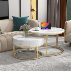 sogesfurniture Apvalus kavos staliukas, 2 vnt., blizgus, svetainės staliukas, sofos staliukas su stalčiumi, kavos staliukas su marmuro raštu, auksinis metalinis rėmas, skirtas svetainei, balkonui, baltas