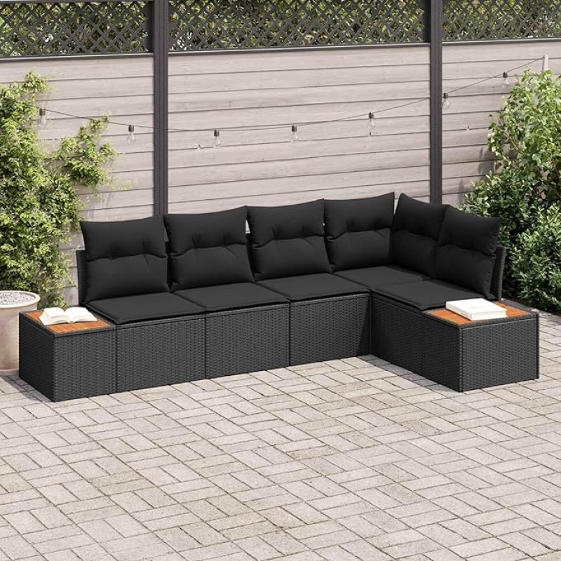 Modulares Garten Sofa Set 5 Stück Schwarz Poly Rattan mit Kissen als Outdoor Sofagarnitur