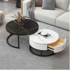 Moderner runder Couchtisch 2er Set mit Der Sto - Schiefer-Marmor-Textur, Metall e - Nesting Side & Sofatisch für Wohnzimmer & Schlafzimmer - Modernes Design, Ele Tea Table