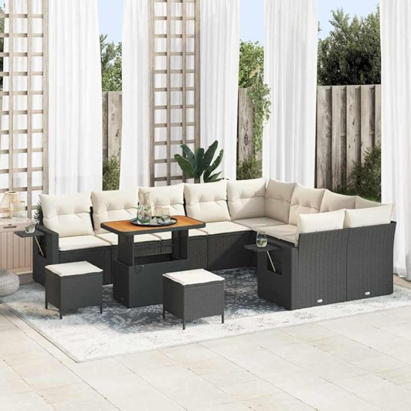 Modulares Gartensofa-Set 12-teilig Schwarz und Creme Poly-Rattan mit Kissen, 12-teiliges Outdoor-Sofa-Set, Gartenmöbel-Set 12 Stücke Schwarz und Creme Poly-Rattan
