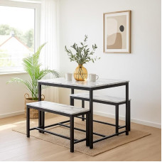 URBNLIVING 3-Piece Dining Table Set - Wooden Table with Sturdy Metal Frame and 2 Benches - Space-Saving Furniture for Kitchen, Dining Room or Living Area - White Marble