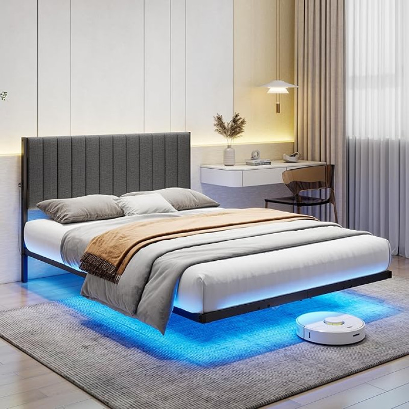 Lova 120 x 200 cm su LED apšvietimu ir įkrovimo stotele, lovos rėmas su metaliniu skersiniu rėmu, suaugusiųjų plaukiojančios lovos rėmas su apšvietimu, tvirtas ir stabilus, lengvai surenkamas, tamsiai pilkos spalvos