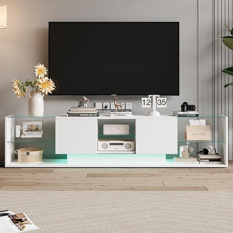 TV stovas 200 cm LED televizoriaus baldai su stiklo lentyna TV spintelė svetainei Modernus medinis TV stovas su 2 stalčiais Žema spintelė svetainei Balta