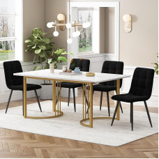 Dining Set (5-Piece Set), Dining Table with 4 Chairs Set, Modern Kitchen Table Set, 140 x 80 cm Kitchen Table with Golden Metal Legs, MDF Table Top in White, Black Velvet Dining Room Chairs