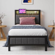 Single Bed Frame with Headboard and Charging Station/LED Lights, Heavy Duty Metal Bed Frame, Single, No Box Spring Required, Solid Bed Frame, Strong Steel Slat Support, Grey