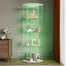 Kampinė stiklinė vitrina su šviesos diodais, vitrina su užraktu, 1 durys, 4 lygiai, moderni stiklinė vitrina kolekcijoms, knygoms, vynui, stiklinės vitrinos, stovinti vitrina svetainei, balta, 162 x 60 x 35 cm