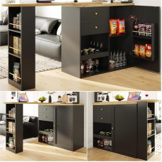 DRIXNO 360° kampu besisukantis valgomasis baras (138 cm - 105 x 39 x 102 cm), su 2 stalčiais ir stumdomų durų spintelėmis, 3 lygių atvira laikymo erdve, tinka valgomajam, darbo kambariui, svetainei ir kt.