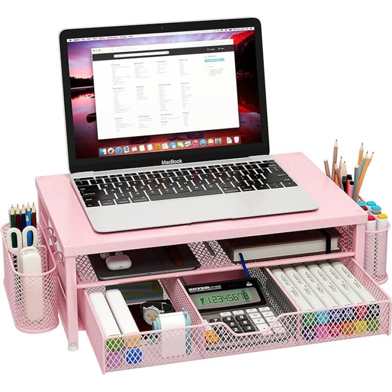 Metalinis monitoriaus stovas, biuro stalo stovas su lentynos organizatoriumi, biuro organizavimas, stalo organizatorius su stalčiumi ir rašiklio laikikliu, 2 lygių kompiuterio stovas iMac, PS4, PC