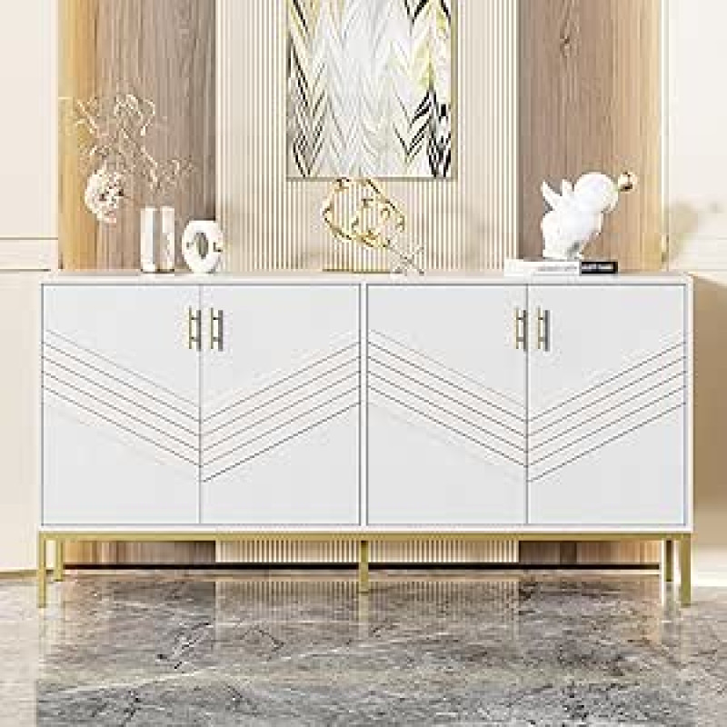 ModernLuxe Sideboard Balto aukso komoda 4 durys Sideboard Gyvenamasis kambarys Valgomasis kambarys Sandėliavimo baldai Modernus MDF Sideboard Metalinės kojos Didelė saugojimo erdvė gyvenamajame kambaryje, valgomajame ir prieškambaryje