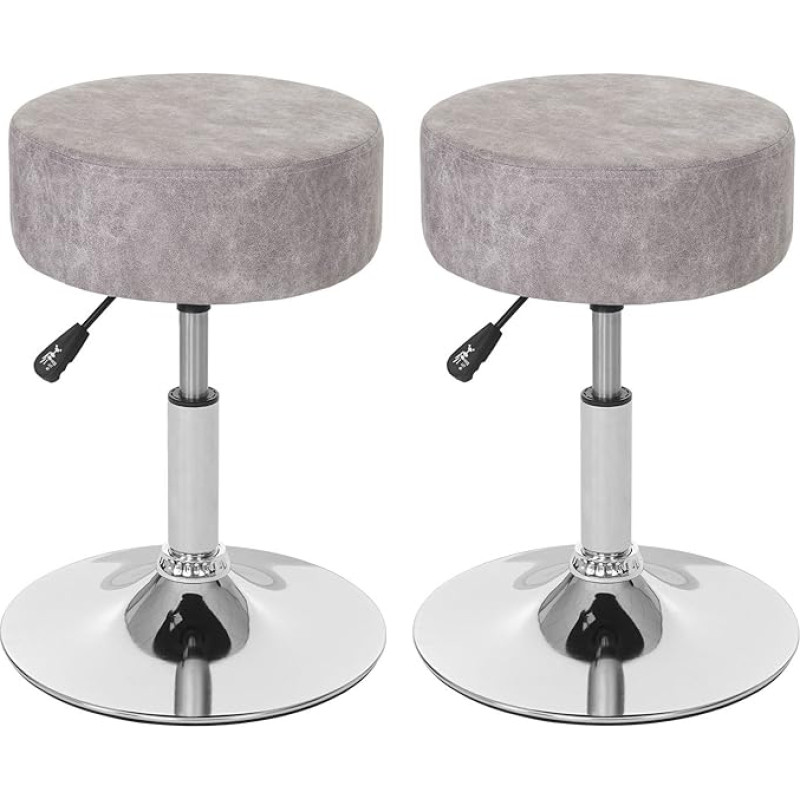 Mendler HWC-C22 2 taburečių rinkinys / makiažo taburetės Reguliuojamas aukštis, skersmuo 35 cm, imitacija zomšos, derliaus pilka