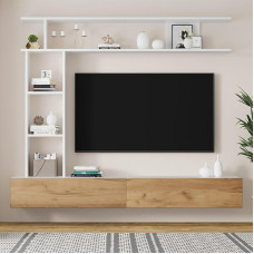 Televizoriaus baldų komplektas 180x35x22,5 cm, su vitrinomis ir lazdele, šviesus ir holzfarbe, Spanplatte, skirtas televizoriui iki 80 Zoll