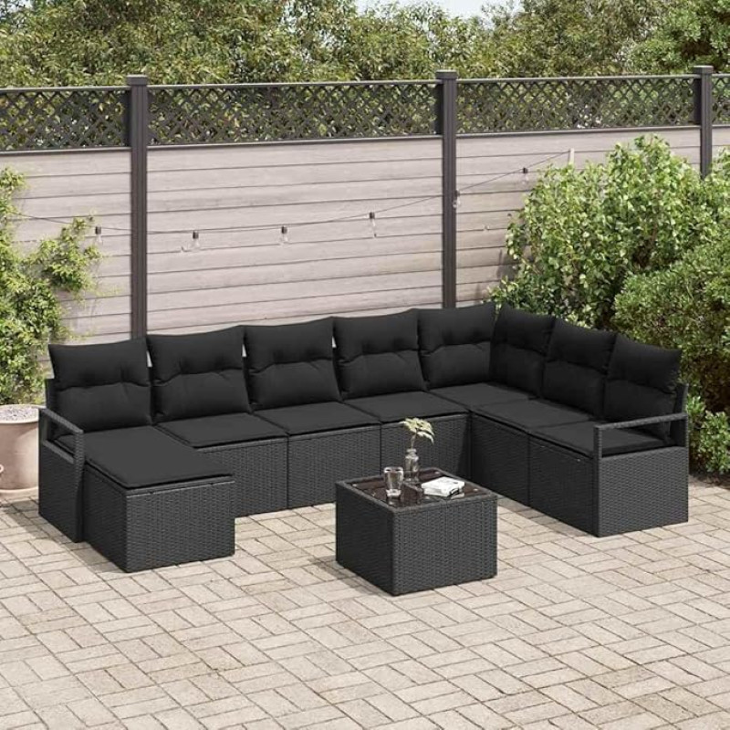 Modulares Garten Sofa Set 9 Stück in Schwarz aus Poly Rattan als 9-teilige Outdoor Sofagarnitur mit Kissen und Stauraum