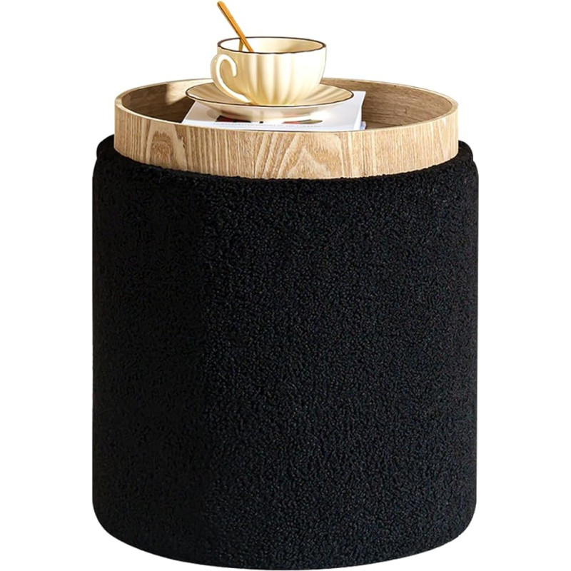 PINPLUS Storage Ottoman Round Boucle Ottoman su padėklu Teddy Velvet Footstool Cube for Living Room Bedroom Dorm 13.4 x 13.4 x 15 colių, juoda