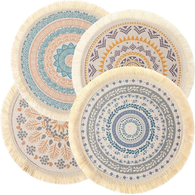GALPADA 4 Stück Runde Platzsets mit Quasten Dicke Isolierende Tischsets aus Baumwollfäden und Polyester Waschbar Boho Stil für Küche und Esszimmer